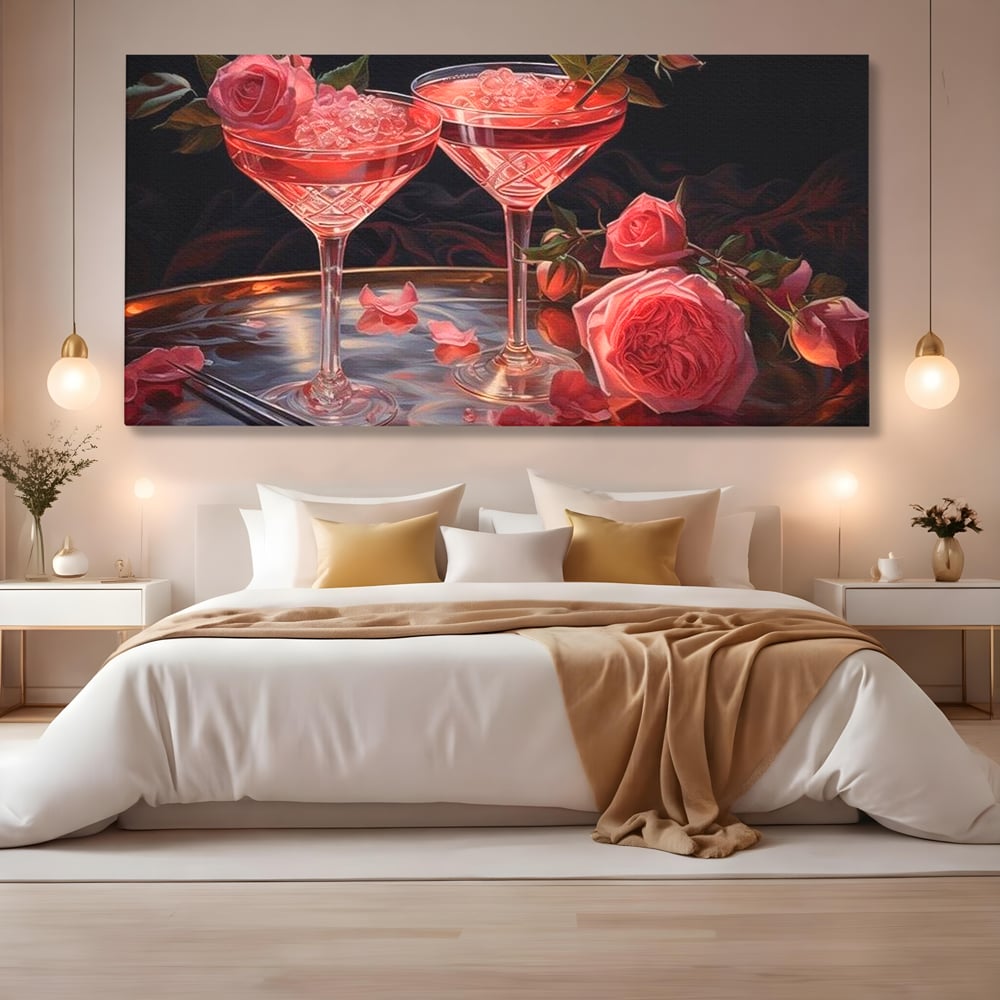 Tablou canvas cu tablou canvas cu pahare de cocktail si trandafiri, fara rama, pe sasiu de lemn, pe perete intr-un dormitor